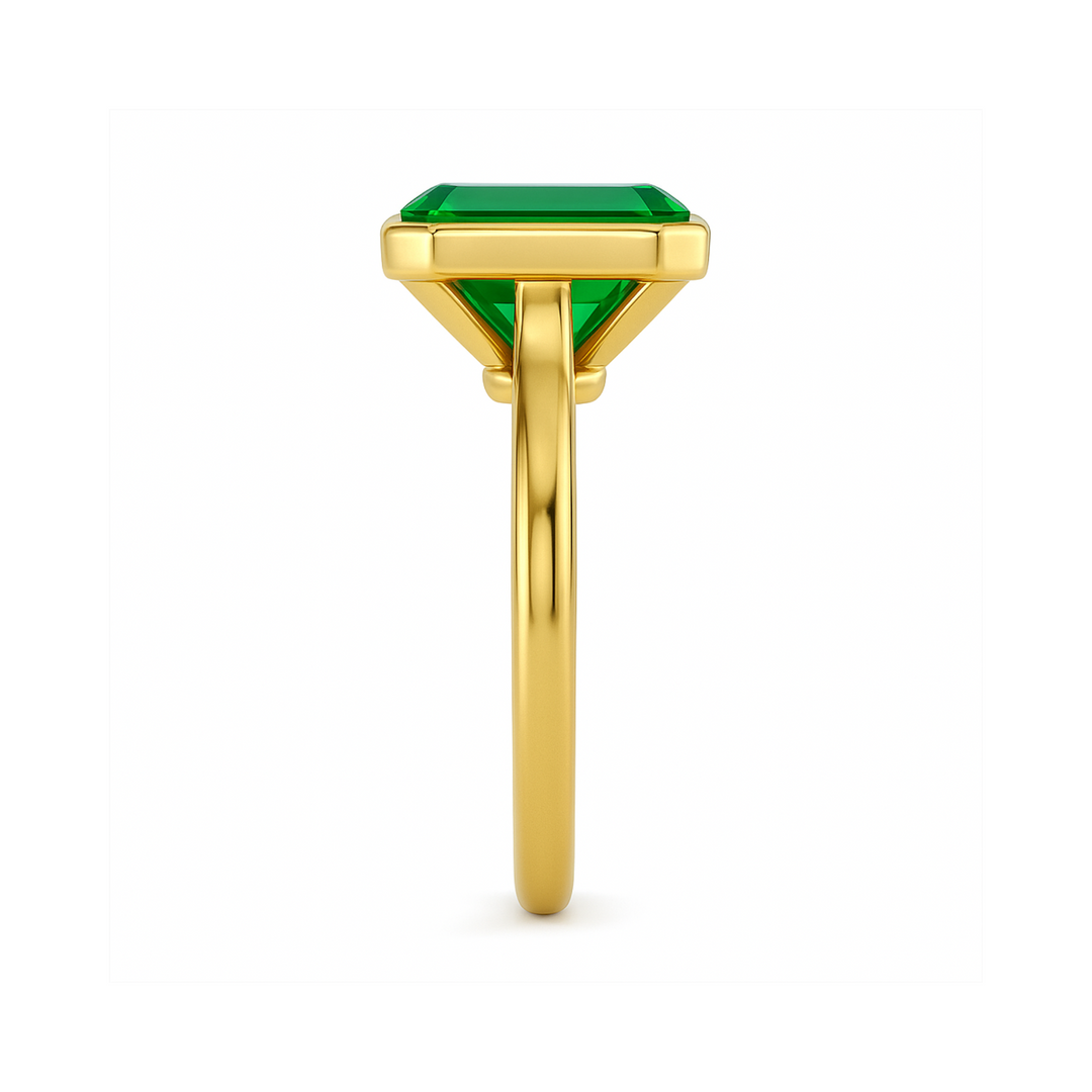 Emerald Cut Emerald Ring, Side View of 2 Carat Bezel Set Solitaire Engagement Ring | Rare Earth Jewelry
