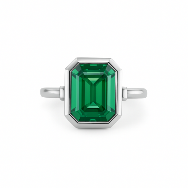Bezel Set Emerald Engagement Ring shown in White Gold, 2ct Solitaire May Birthday Gift or Push Present | Rare Earth Jewelry
