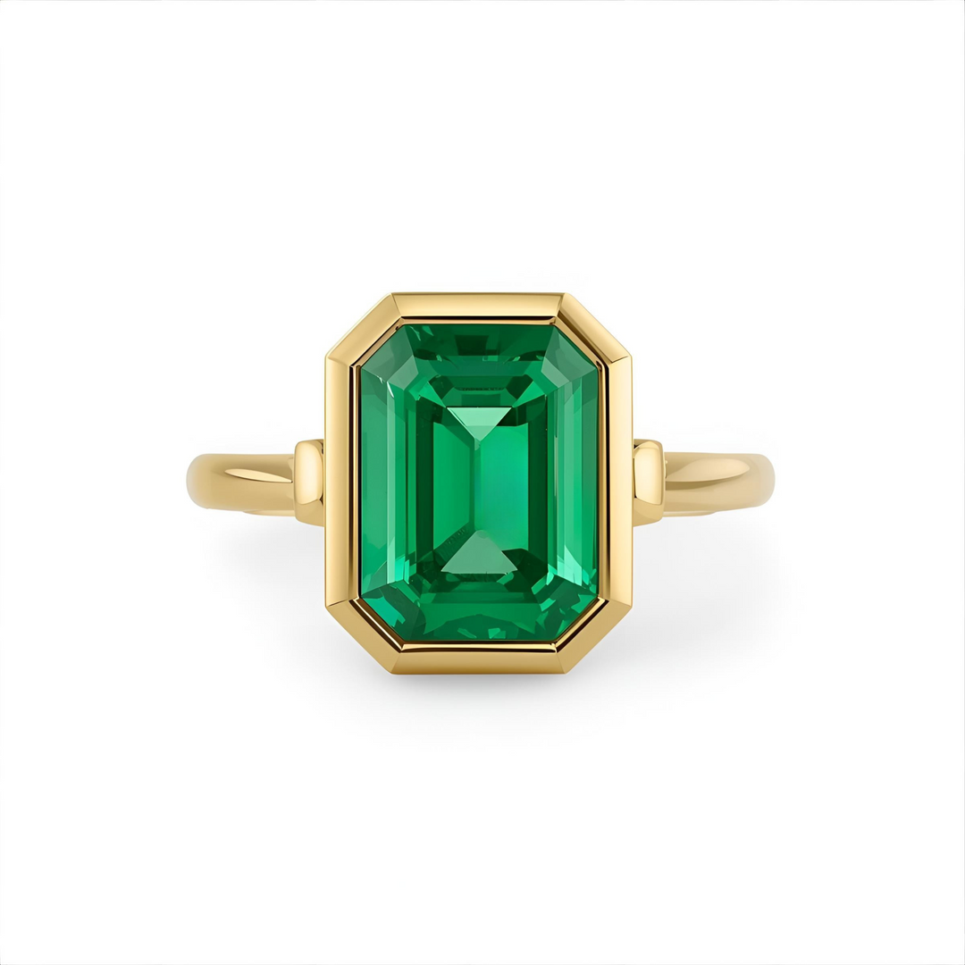 Emerald Cut Emerald Ring, 2 Carat Bezel Set Solitaire Engagement Ring with Modern Minimalist Design in Gold or Platinum | Rare Earth Jewelry