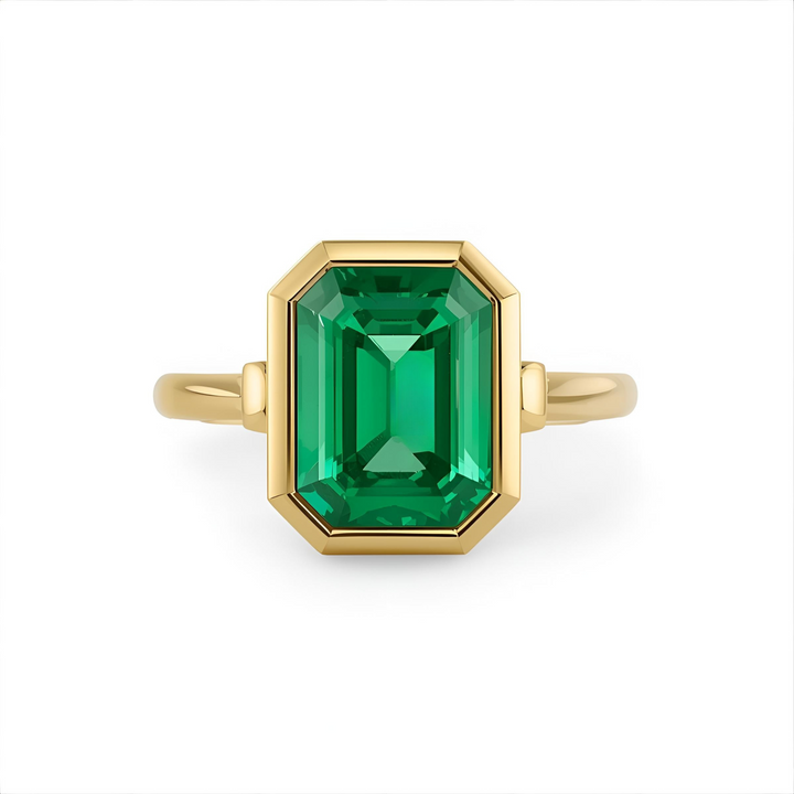 Emerald Cut Emerald Ring, 2 Carat Bezel Set Solitaire Engagement Ring with Modern Minimalist Design in Gold or Platinum | Rare Earth Jewelry