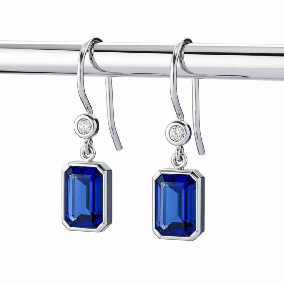 Emerald Cut Blue Sapphire Earrings with Diamonds, Bezel Set Ruby Dangle Earrings on French Ear Wires in 14K or 18K Gold and Platinum | Rare Earth Jewelry