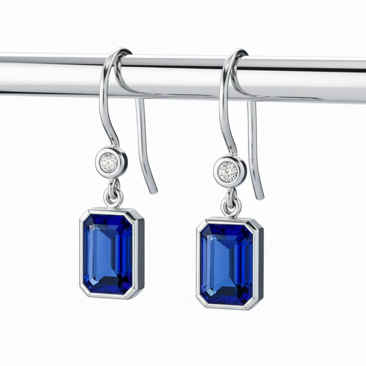 Emerald Cut Blue Sapphire Earrings with Diamonds, Bezel Set Ruby Dangle Earrings on French Ear Wires in 14K or 18K Gold and Platinum | Rare Earth Jewelry