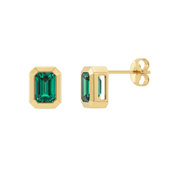 Lab grown emerald stud earrings in a 14K gold bezel setting, modern emerald cut gemstone studs | Rare Earth Jewelry
