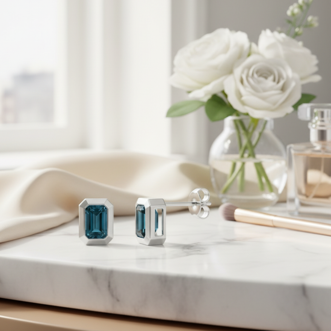 Emerald cut London Blue Topaz stud earrings in 14K gold bezel setting, minimalist fine jewelry design | Rare Earth Jewelry