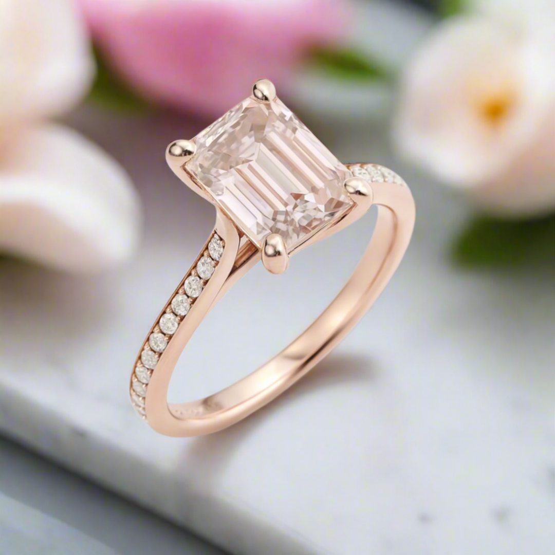 Emerald Cut Morganite Engagement Ring with Diamond Accents in Rose Gold, Pink Morganite Solitaire Ring | Rare Earth Jewelry