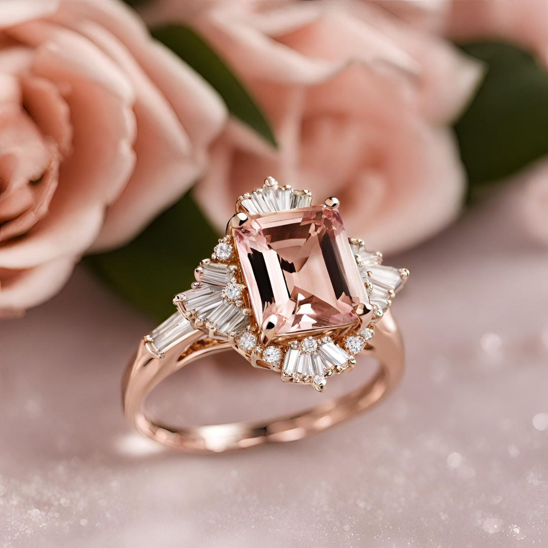 A cocktail style statement ring with an emerald cut peach Morganite and diamond baguettes in rose gold from Rare Earth Jewelry.