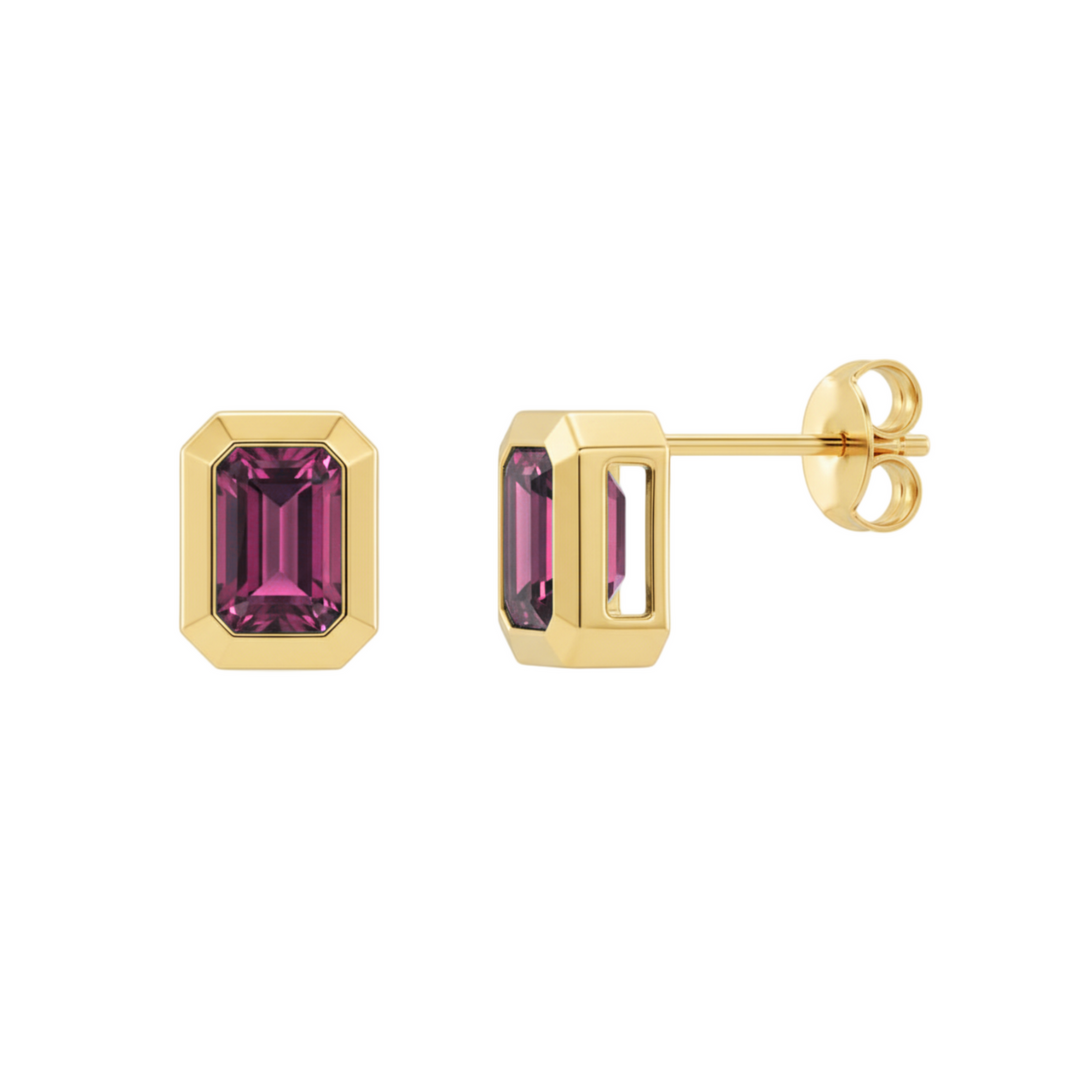Natural Rhodolite Garnet Earrings, Emerald Cut Red Garnet Studs in 14K Gold Bezel Settings | Rare Earth Jewelry