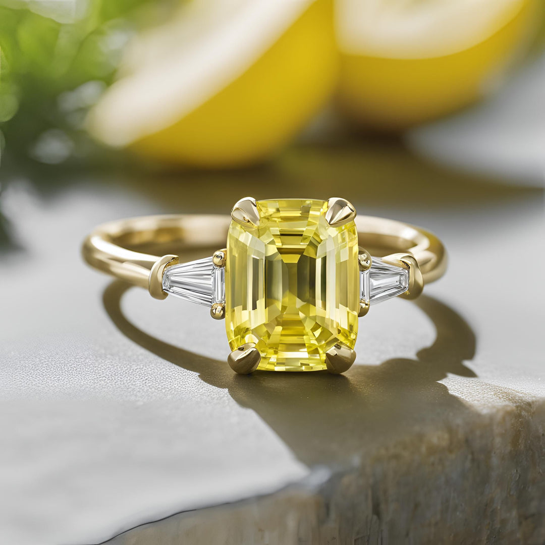 An emerald cut natural yellow sapphire engagement ring with tapered diamond baguettes from Rare Earth Jewelry.