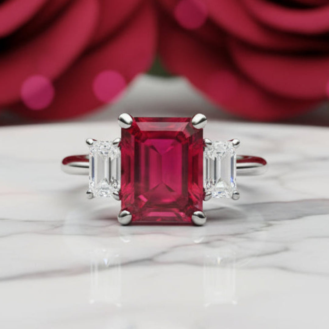 Emerald Cut Ruby Engagement Ring  in 14K Rose Gold | 3 Stone Ruby Ring with Lab Grown Diamond Accents |  Rare Earth Jewelry