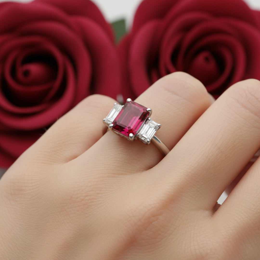 Emerald Cut Ruby Engagement Ring | 3 Stone Ruby Ring with Lab Grown Diamond Accents, 9x7mm Ruby Ring on Finger |  Rare Earth Jewelry