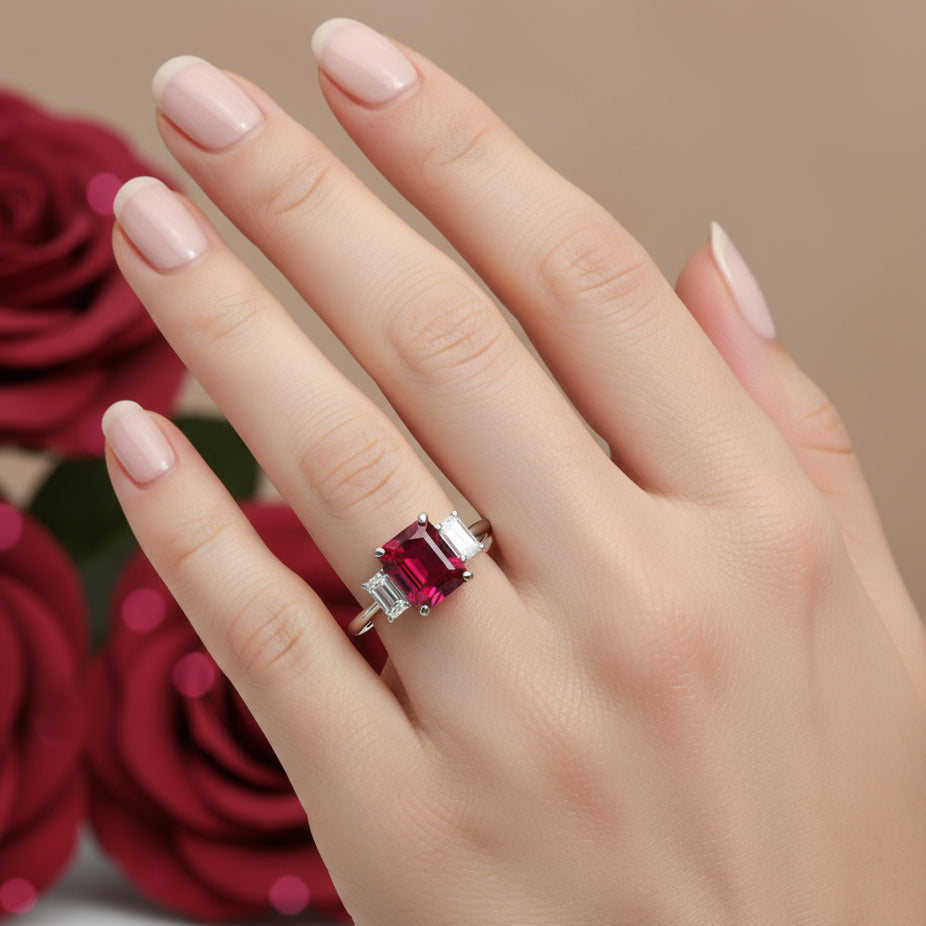 Emerald Cut Ruby Engagement Ring  on the Hand | 3 Stone Ruby Ring with Lab Grown Diamond Accents |  Rare Earth Jewelry