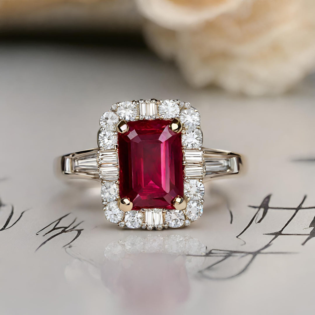 An emerald cut Ruby engagement ring with a diamond halo with alternating baguettes and rounds in 14K Gold from Rare Earth Jewelry.