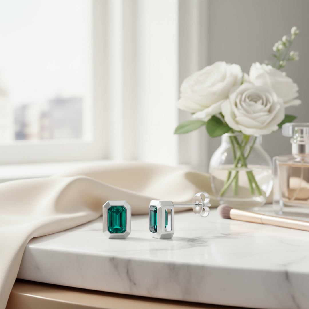 Modern design lab grown emerald earrings in solid 14K gold, minimalist bezel studs | Rare Earth Jewelry