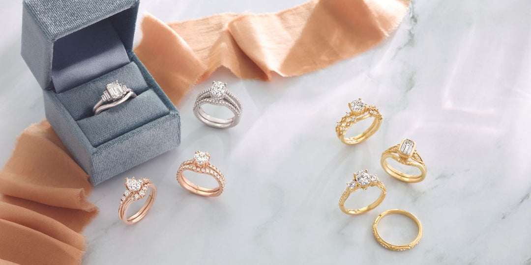 Assorted handmade engagement rings in yellow, white, and rose gold. Ethical, custom engagement rings from Rare Earth Jewelry.