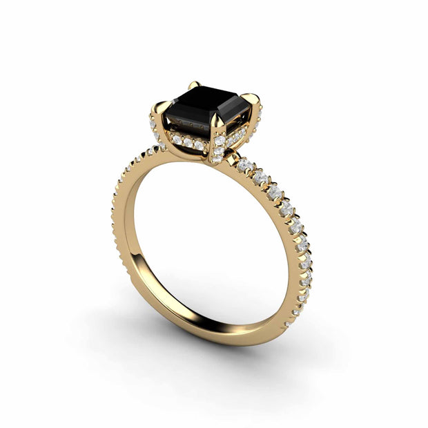 Engagement ring with black stone. Square Black Diamond ring in Yellow Gold.