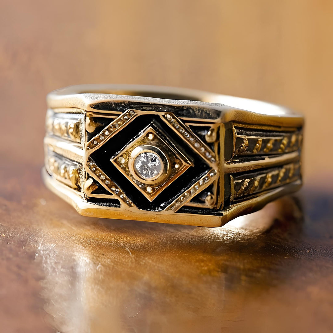 An Etruscan style diamond ring in 14K Gold with a unique ornate design, men's diamond pinky ring from Rare Earth Jewelry.