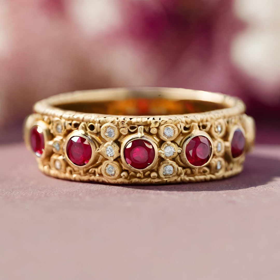 An ornate gold ruby wedding ring with bezel set rubies and diamonds in an Etruscan style from Rare Earth Jewelry.