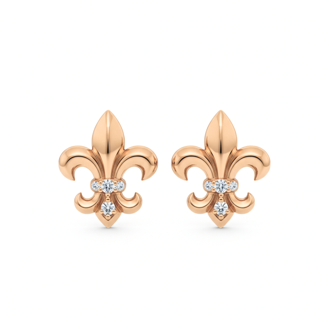 14K rose gold fleur de lis diamond stud earrings | Rare Earth Jewelry