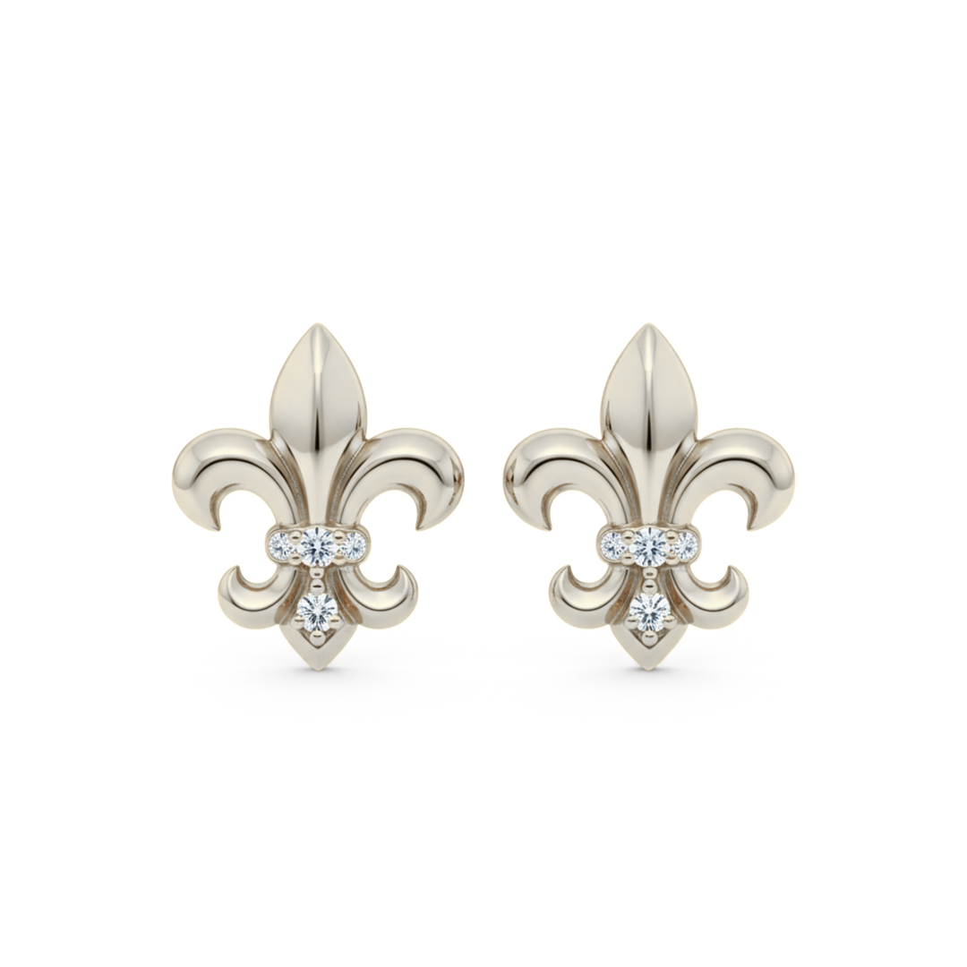 14K white gold fleur de lis stud earrings with diamonds | Rare Earth Jewelry