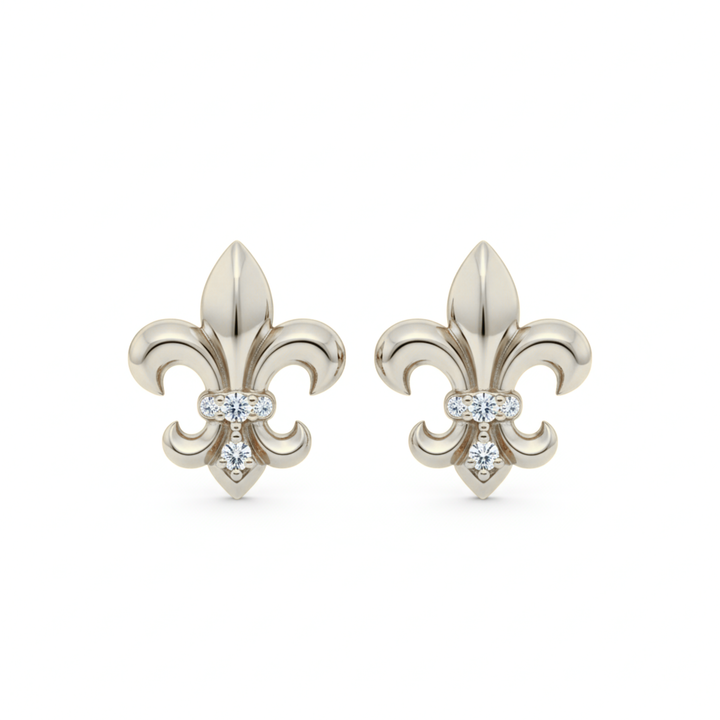 14K white gold fleur de lis stud earrings with diamonds | Rare Earth Jewelry