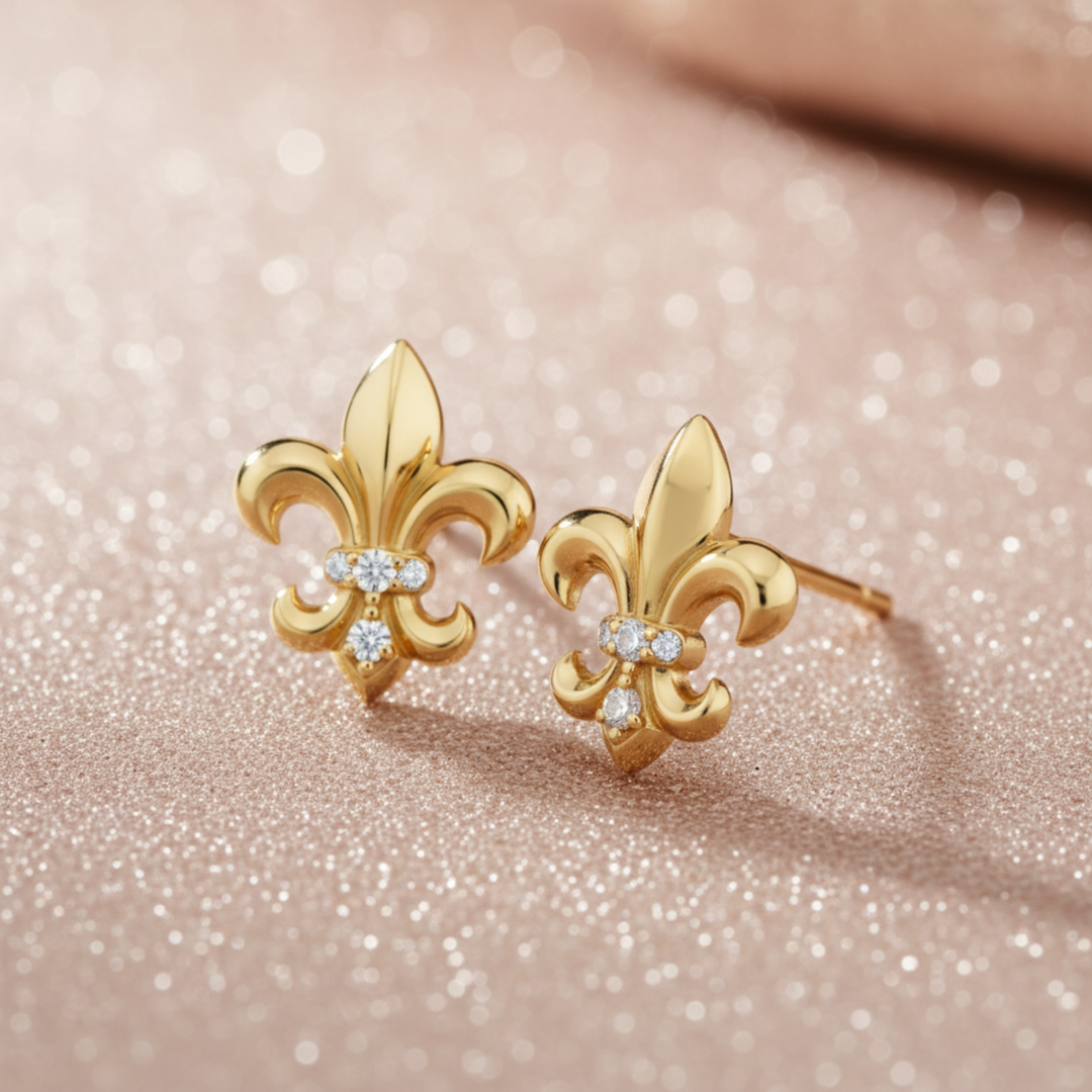 Fleur de lis diamond stud earrings in 14K gold minimalist fine jewelry | Rare Earth Jewelry