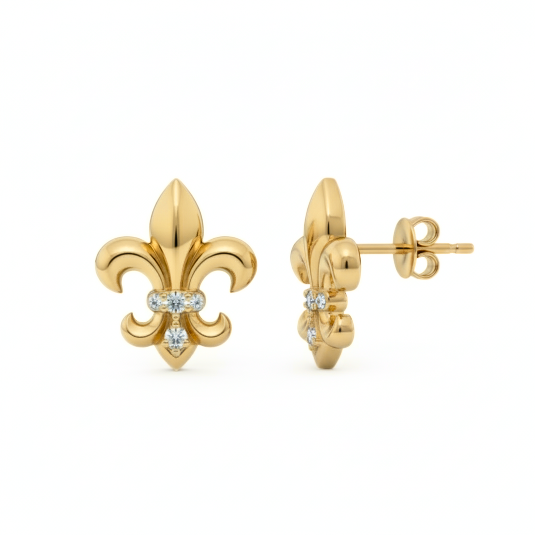 Diamond fleur de lis stud earrings showing post and friction back in 14K Yellow Gold | Rare Earth Jewelry