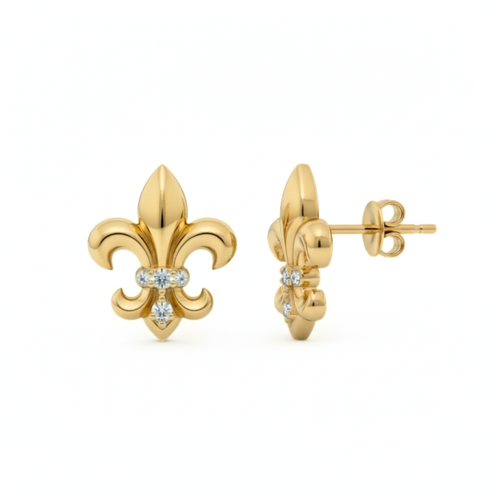 Diamond fleur de lis stud earrings showing post and friction back in 14K Yellow Gold | Rare Earth Jewelry