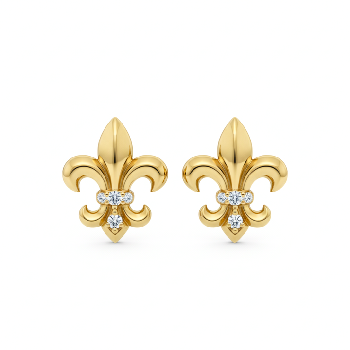 Diamond stud earrings in a Fleur de Lis design in solid 14K Gold | Rare Earth Jewelry