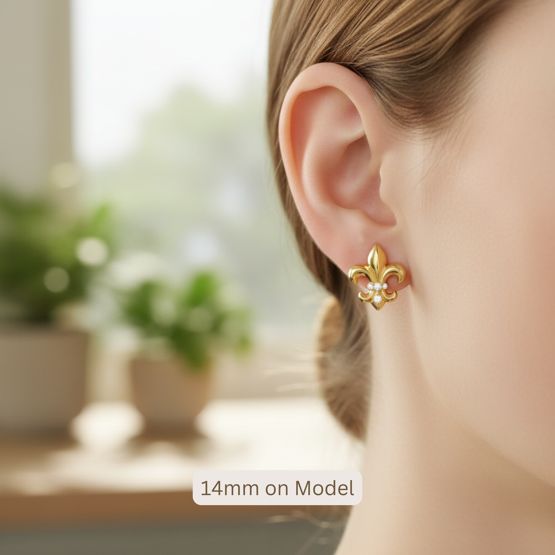 Large fleur de lis diamond stud earrings in solid 14K Gold, 14mm statement studs on model | Rare Earth Jewelry