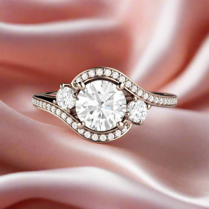 Forever One Moissanite Engagement Ring with Split Band Bypass Design in Gold or Platinum.