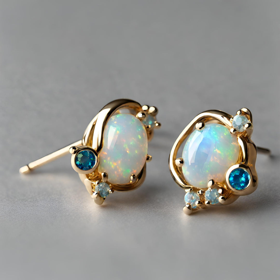 Natural Opal and Blue Diamond Stud Earrings in 14K Gold from Rare Earth Jewelry.