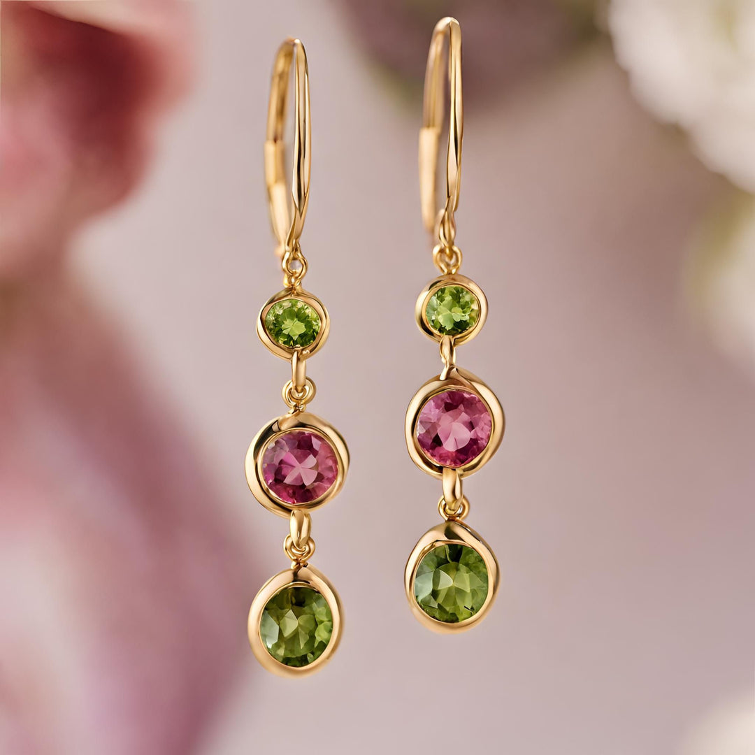 A pair of green and pink tourmaline earrings, natural tourmaline dangle earrings in 14K Gold bezel settings with leverbacks from Rare Earth Jewelry.