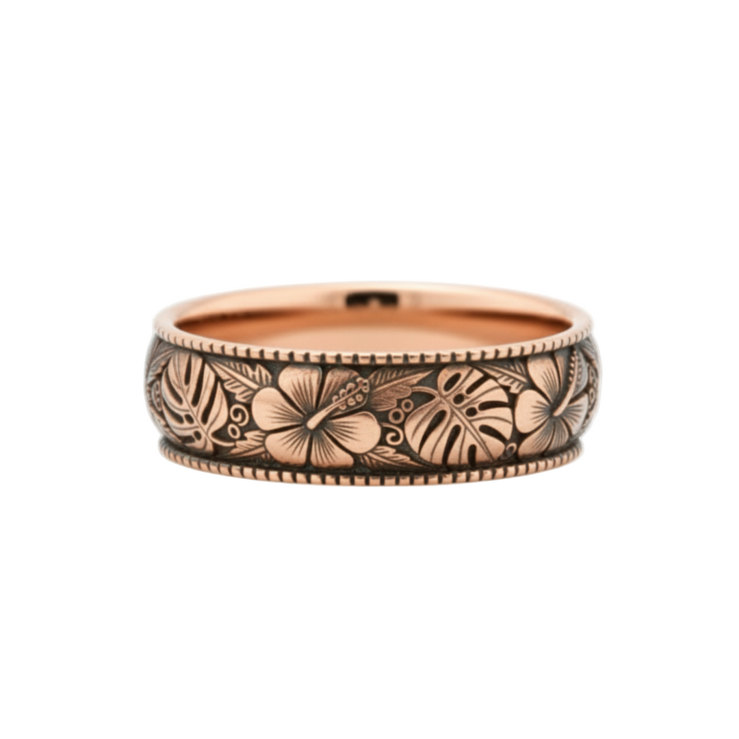 Rose gold hibiscus and monstera leaf engraved ring with patina, tropical botanical unisex wedding band | Rare Earth Jewelry