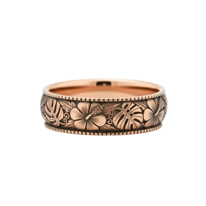 Rose gold hibiscus and monstera leaf engraved ring with patina, tropical botanical unisex wedding band | Rare Earth Jewelry