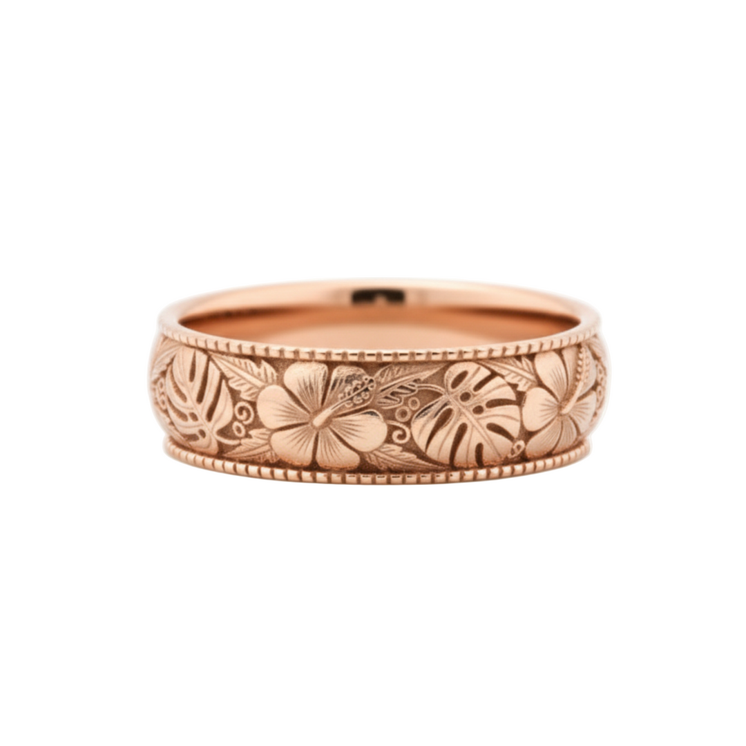 Rose gold Hawaiian floral wedding ring with hibiscus and monstera leaves, engraved 8mm unisex wedding band for men or women | Rare Earth Jewelry