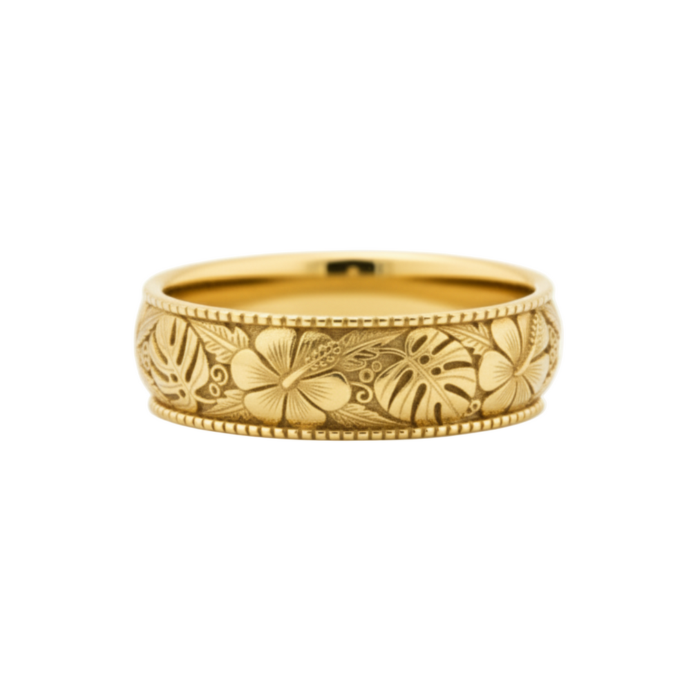 14K yellow gold hibiscus and monstera engraved ring, tropical flower wedding band for beach weddings, unisex his and hers design | Rare Earth Jewelry