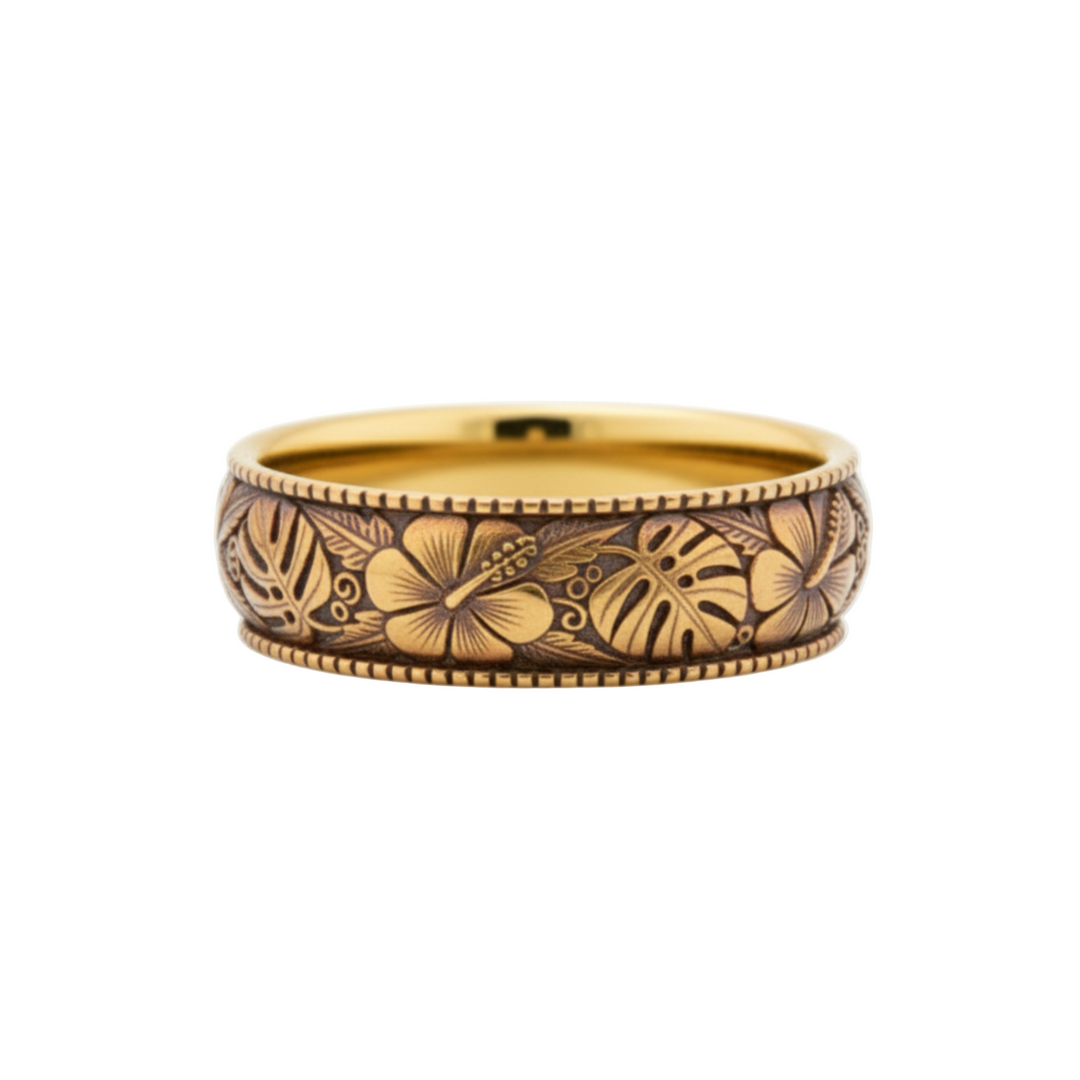 14K yellow gold antique patina hibiscus and monstera engraved wedding band, unisex tropical flower ring, ideal for his and hers sets | Rare Earth Jewelry