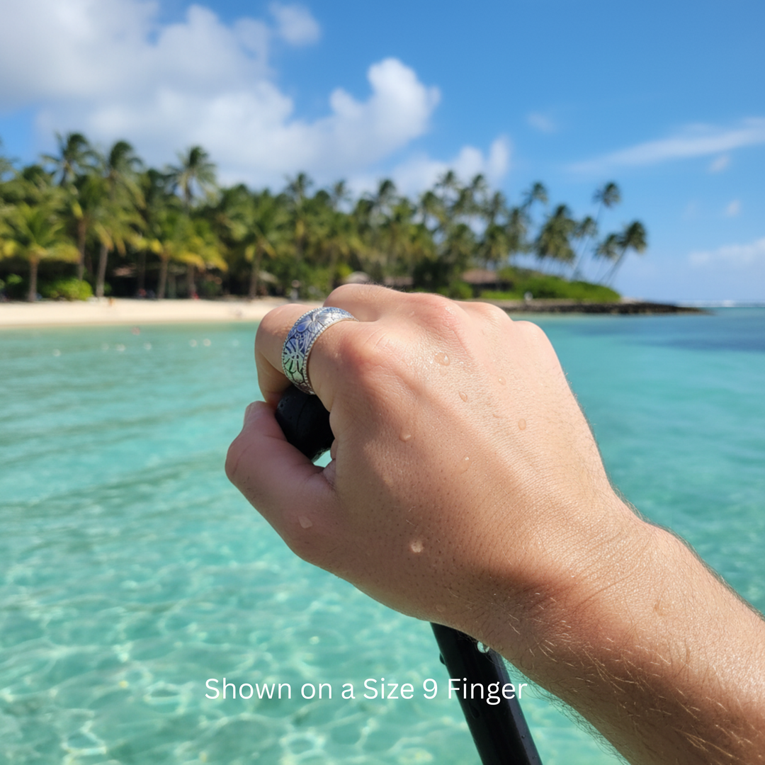 14K white gold tropical hibiscus and monstera ring shown by the ocean, Hawaiian beach wedding band for men and women, unisex his and hers ring | Rare Earth Jewelry