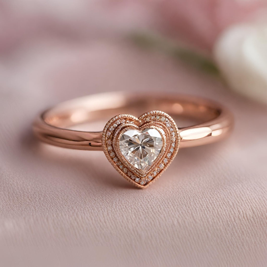 A pretty heart-shaped diamond ring in a vintage design bezel setting with milgrain and diamond accents in rose gold from Rare Earth Jewelry.