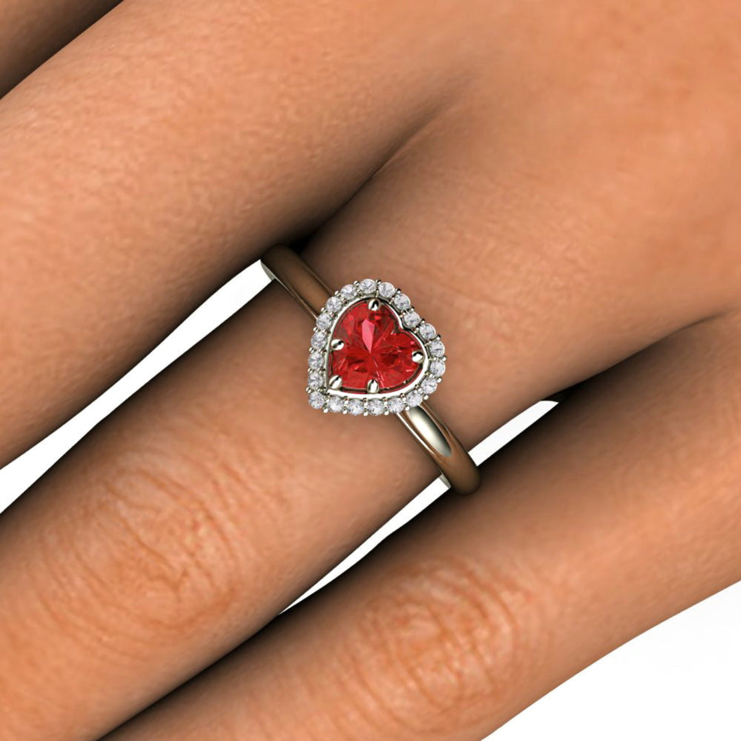 Close up of Heart Shaped Red Sapphire Engagement Ring or Promise  Ring in 14K or 18K Gold | Rare Earth Jewelry