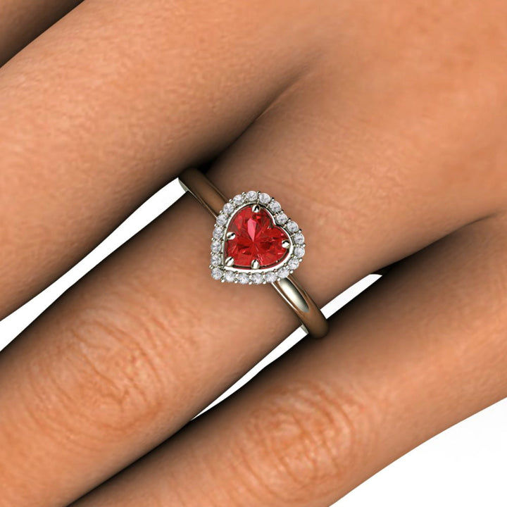 Close up of Heart Shaped Red Sapphire Engagement Ring or Promise  Ring in 14K or 18K Gold | Rare Earth Jewelry