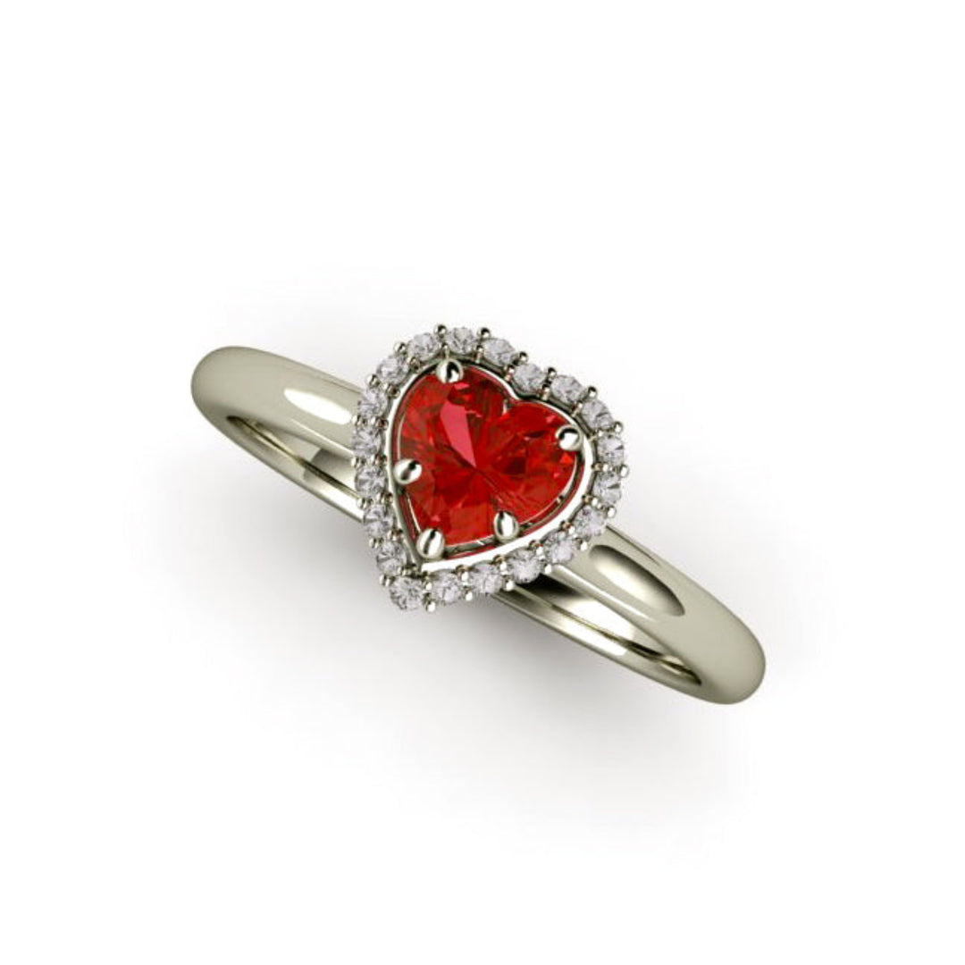 Heart Shaped Red Sapphire Engagement Ring with Diamond Halo, Promise or Engagement Ring in 14K or 18K Gold | Rare Earth Jewelry
