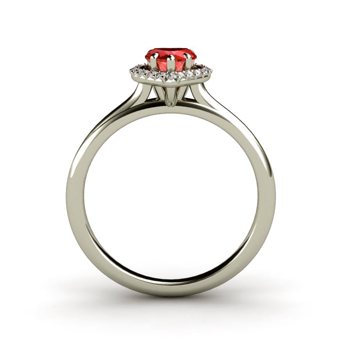 Profile View of Heart Shaped Red Sapphire Ring with Diamond Halo | Rare Earth Jewelry