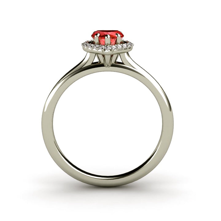 Profile View of Heart Shaped Red Sapphire Ring with Diamond Halo | Rare Earth Jewelry