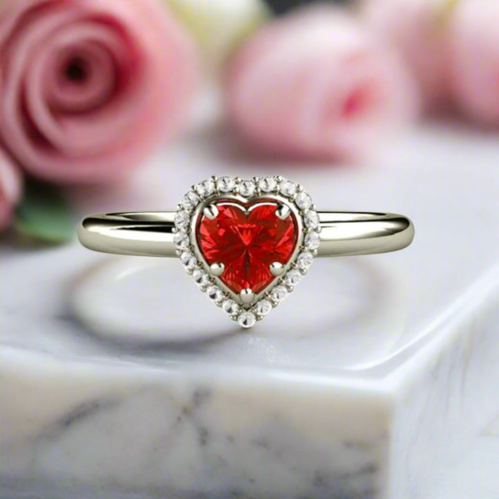 Heart Shaped Red Sapphire Engagement Ring with Diamond Halo, Heart  Cut Red Stone Promise Ring | Rare Earth Jewelry