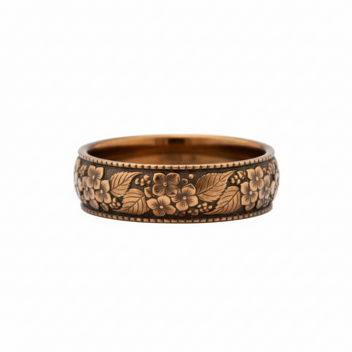 Engraved hydrangea flower ring in 14K rose gold with antique patina finish, vintage botanical wedding band with detailed floral engraving | Rare Earth Jewelry