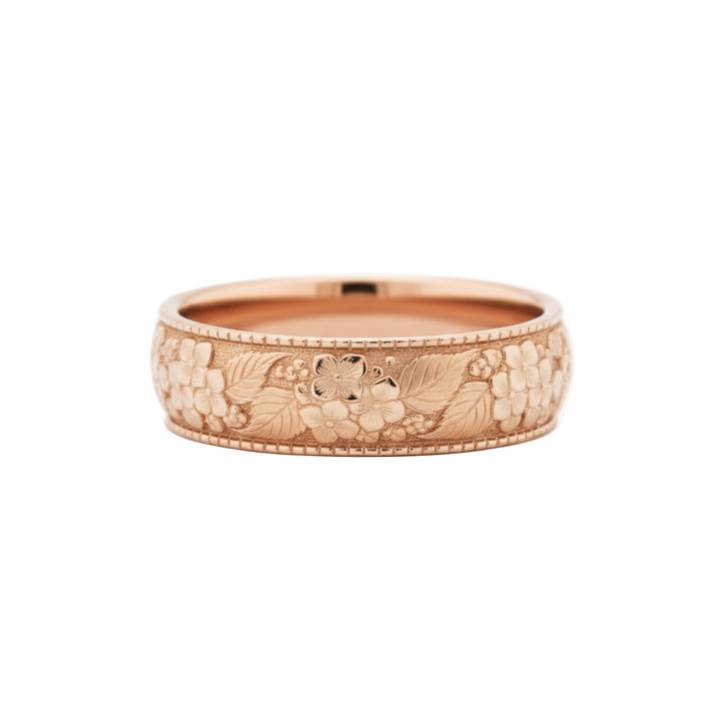 Rose gold hydrangea floral band, feminine engraved flower wedding ring with continuous botanical pattern | Rare Earth Jewelry