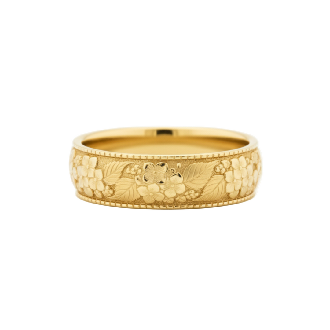 Engraved hydrangea floral ring in 14K yellow gold, romantic botanical wedding band with detailed blossoms | Rare Earth Jewelry