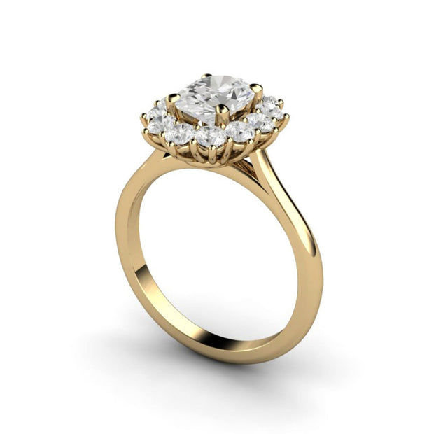 Lab created engagement ring with an oval Charles & Colvard Forever One Moissanite halo.