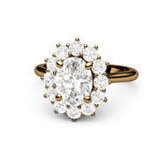 Lab grown diamond alternative engagement ring with Moissanite in a cluster style setting in 18K Gold.